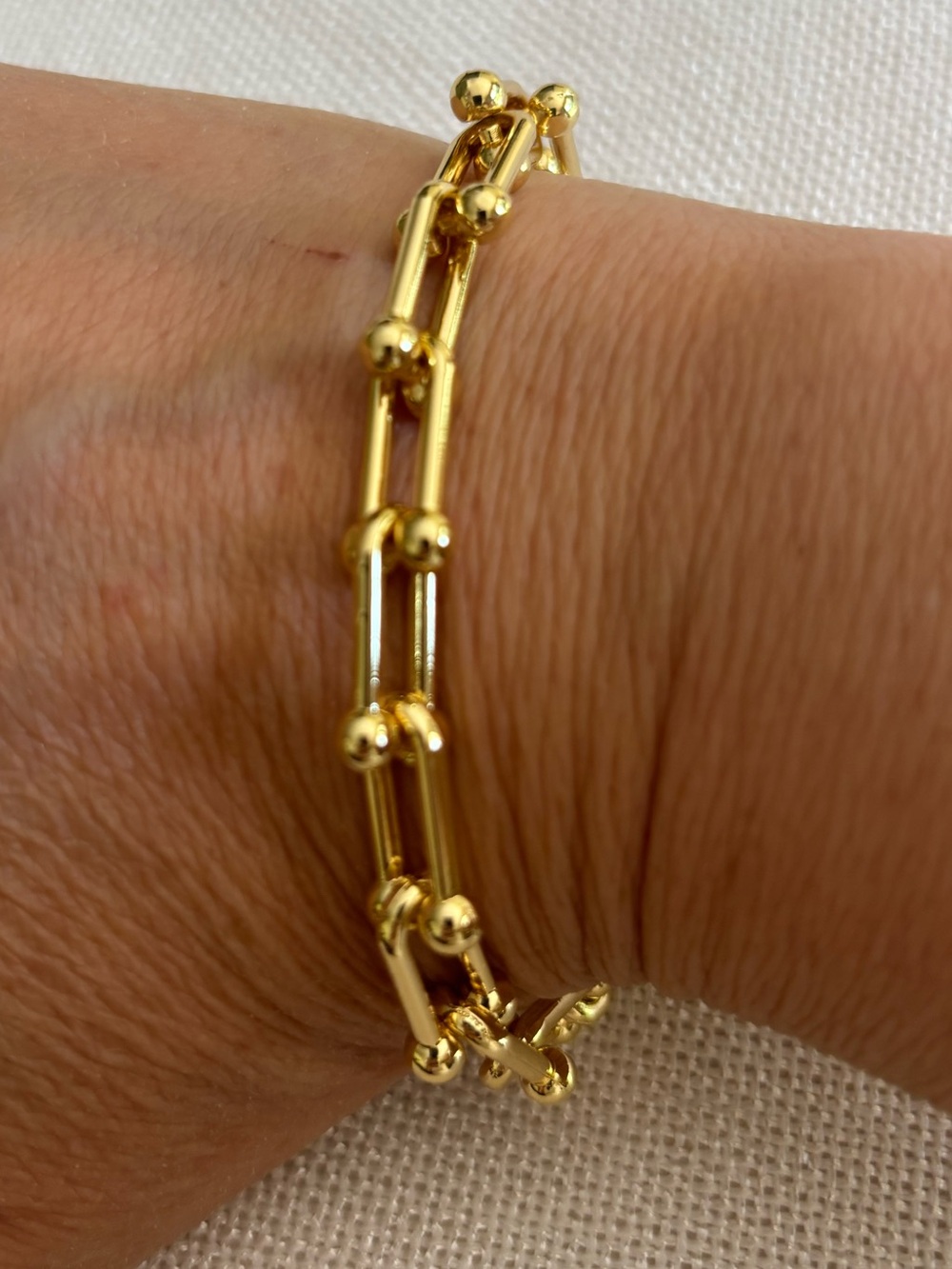 14k yellow Gold plated Double-Bar Beaded U link Bracelet unisex Jewelry new